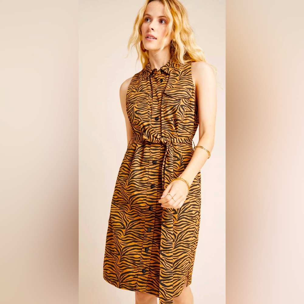 NWT Anthropologie |Maeve Gemini Tigresa Animal Print Twill Belted Shirtdress ZB1